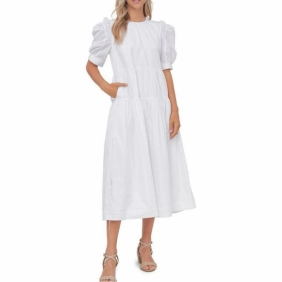 En Saison Midi Dress White Tiered Puff Short Sleeve Midi XS Babydoll Open Back - Picture 15 of 17